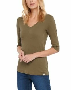 NYDJ Elbow Sleeve Ribbed V-Neck Top Women Tops